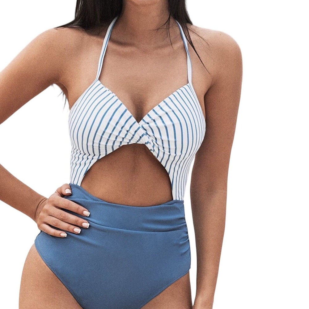 NEW Cupshe Women Large Blue White Striped Twist front cutout one piece swimsuit